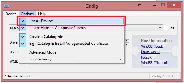 Zadig List All Devices